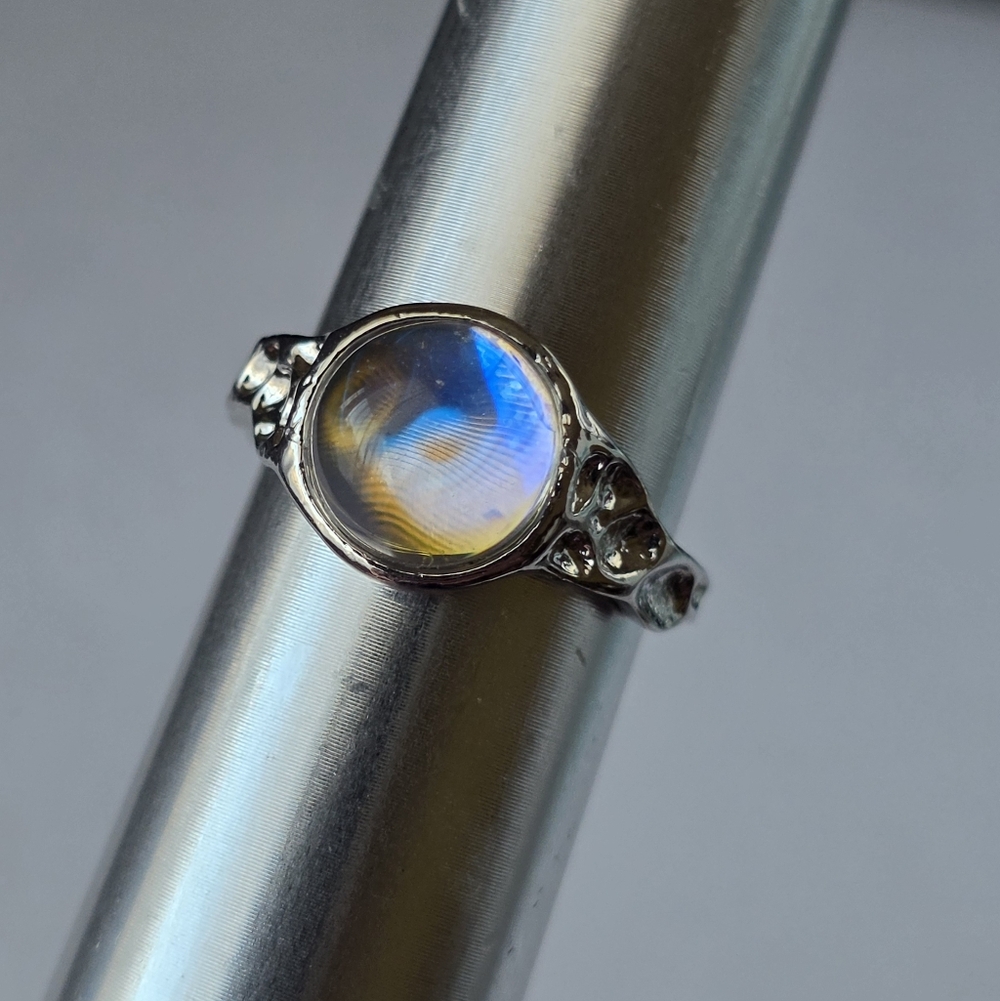 Celestial Orb Ring Rainbow Opalite Faux Moonstone Open Back Size 4 Silver Tone